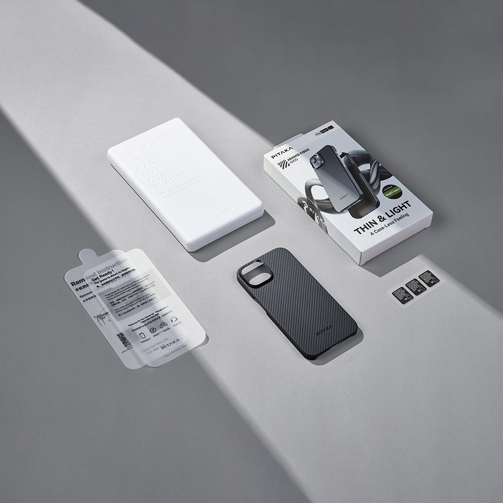 Pitaka Ultra-Slim Classic Serisi iPhone 15 Plus M-safe Şarj Özellikli 600D Aramid Fiber Black-Grey Twill Kılıf Pitaka Ultra-Slim Classic Serisi iPhone 15 Plus M-safe Şarj Özellikli 600D Aramid Fiber Black-Grey Twill Kılıf